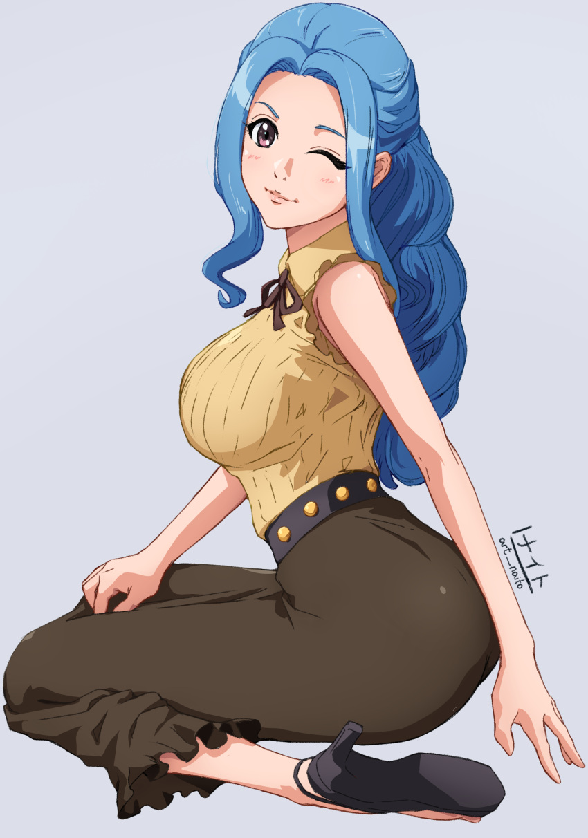 1girl, absurdres, artist_name, bare_arms, black_footwear, black_ribbon, blue_hair, breasts