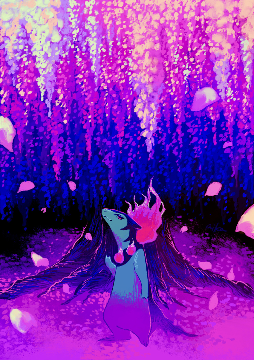 absurdres, blue_fur, closed_mouth, falling_petals, fire, flower, highres, hisuian_typhlosion