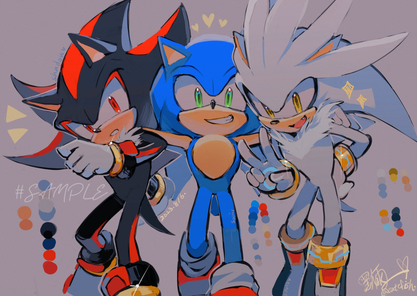 3boys, animal_ears, animal_nose, arms_up, artist_name, black_footwear, black_fur, blue_fur