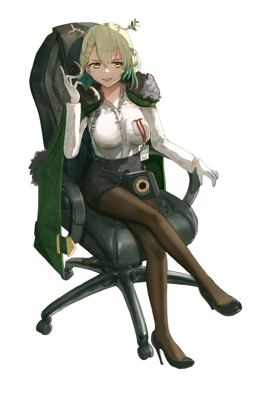 1girl, absurdres, advarcher, alternate_costume, antique_phone, antlers, arm_rest, armchair, aru_(blue_archive), barcode, black_footwear, black_pantyhose, black_skirt, blue_archive, braid, breast_pocket, breasts, center_frills, ceres_fauna, ceres_fauna_(3rd_costume), chair, coat, coat_on_shoulders, colored_tips, commentary, commission, commissioner_upload, crossed_legs, flower, frilled_shirt, frills, full_body, fur-trimmed_coat, fur_trim, glasses, gloves, green_coat, green_hair, hair_between_eyes, hair_flower, hair_ornament, hand_up, high_heels, highres, holding, holding_phone, hololive, hololive_english, id_card, index_finger_raised, initial, lanyard, large_breasts, logo, long_hair, long_sleeves, looking_at_viewer, miniskirt, multicolored_hair, non-web_source, office_chair, office_lady, on_chair, one_side_up, pantyhose, parody, parted_lips, pencil_skirt, phone, pocket, pumps, rotary_phone, shirt, shirt_tucked_in, shoes, simple_background, single_braid, sitting, skirt, smile, solo, swivel_chair, symbol-only_commentary, talking_on_phone, white_background, white_gloves, yellow_eyes