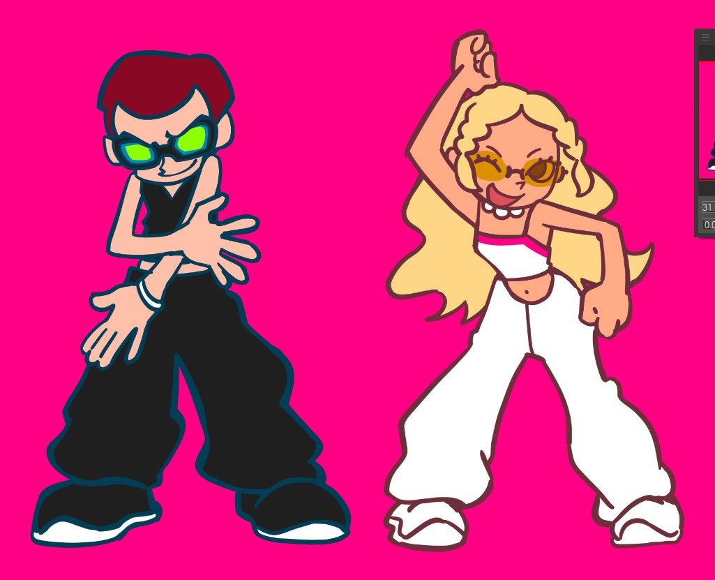 1boy, 1girl, ;d, arm_up, barley_juice, black-framed_eyewear, black_footwear, black_pants