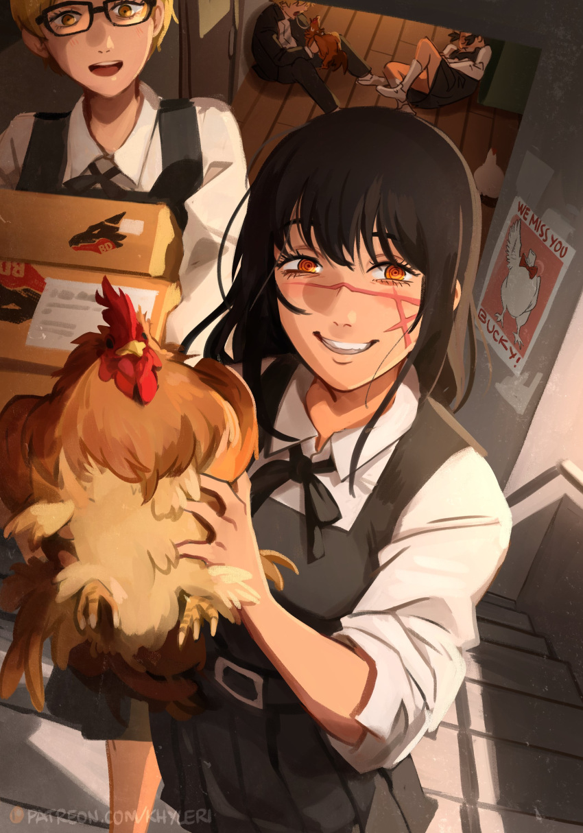 1boy, absurdres, bird, black_hair, black_necktie, black_pants, breasts, bucky_(chainsaw_man), chainsaw_man, chicken, collared_shirt, commentary, cross_scar, denji_(chainsaw_man), dress, english_commentary, fourth_east_high_school_uniform, hair_between_eyes, highres, holding, indoors, khyle., long_hair, looking_at_viewer, low_twintails, mifune_fumiko, multiple_girls, neck_ribbon, necktie, open_mouth, pants, pinafore_dress, ribbon, ringed_eyes, scar, scar_on_cheek, scar_on_face, scar_on_nose, school_uniform, shirt, short_hair, sleeveless, sleeveless_dress, smile, teeth, twintails, when_you_see_it, white_shirt, yellow_eyes, yoru_(chainsaw_man), yuko_(chainsaw_man)