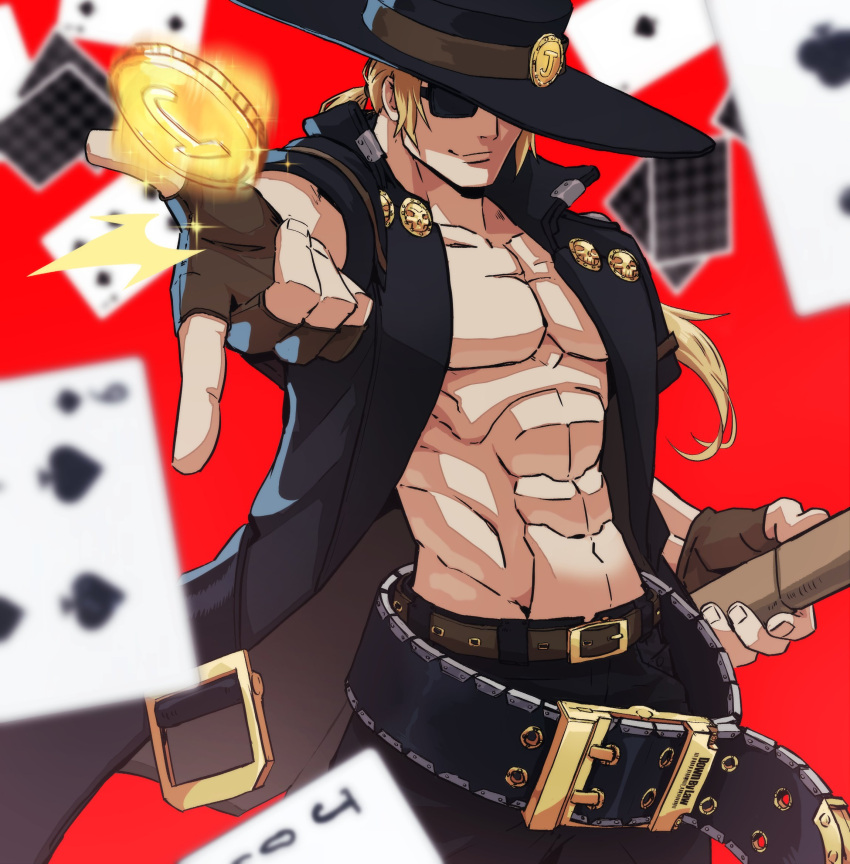 1boy, abs, belt, blonde_hair, coin, feet_out_of_frame, fighting_stance, fingerless_gloves
