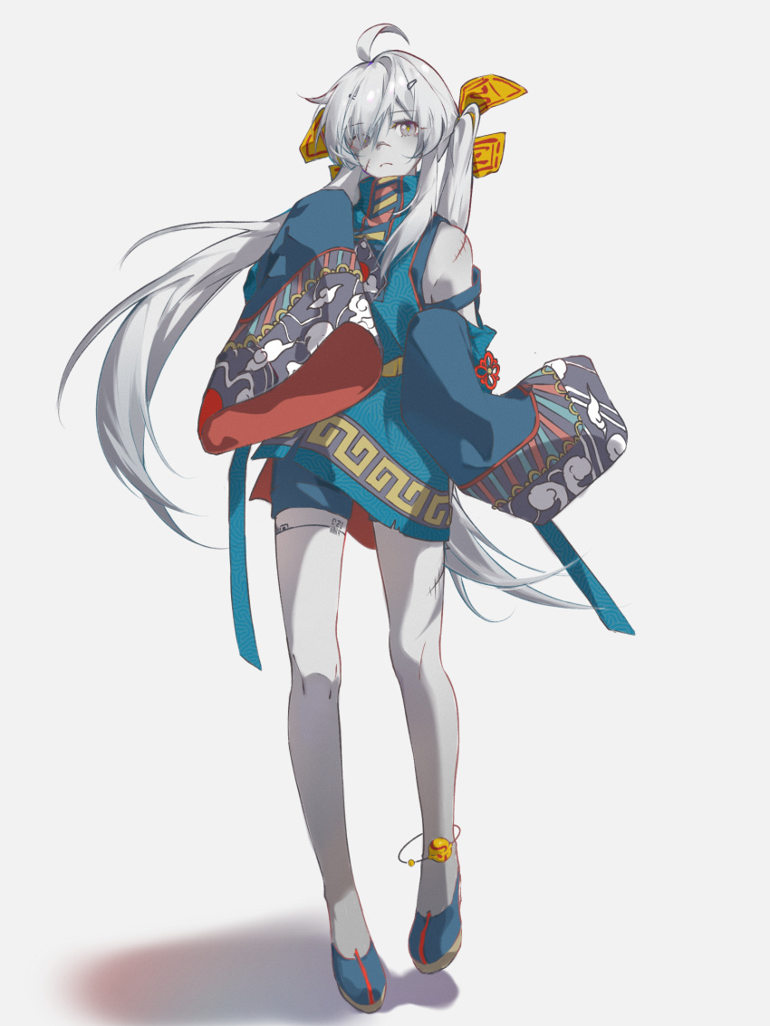 ahoge, alternate_costume, anklet, bow, colored_skin, detached_sleeves, green_footwear, green_shirt
