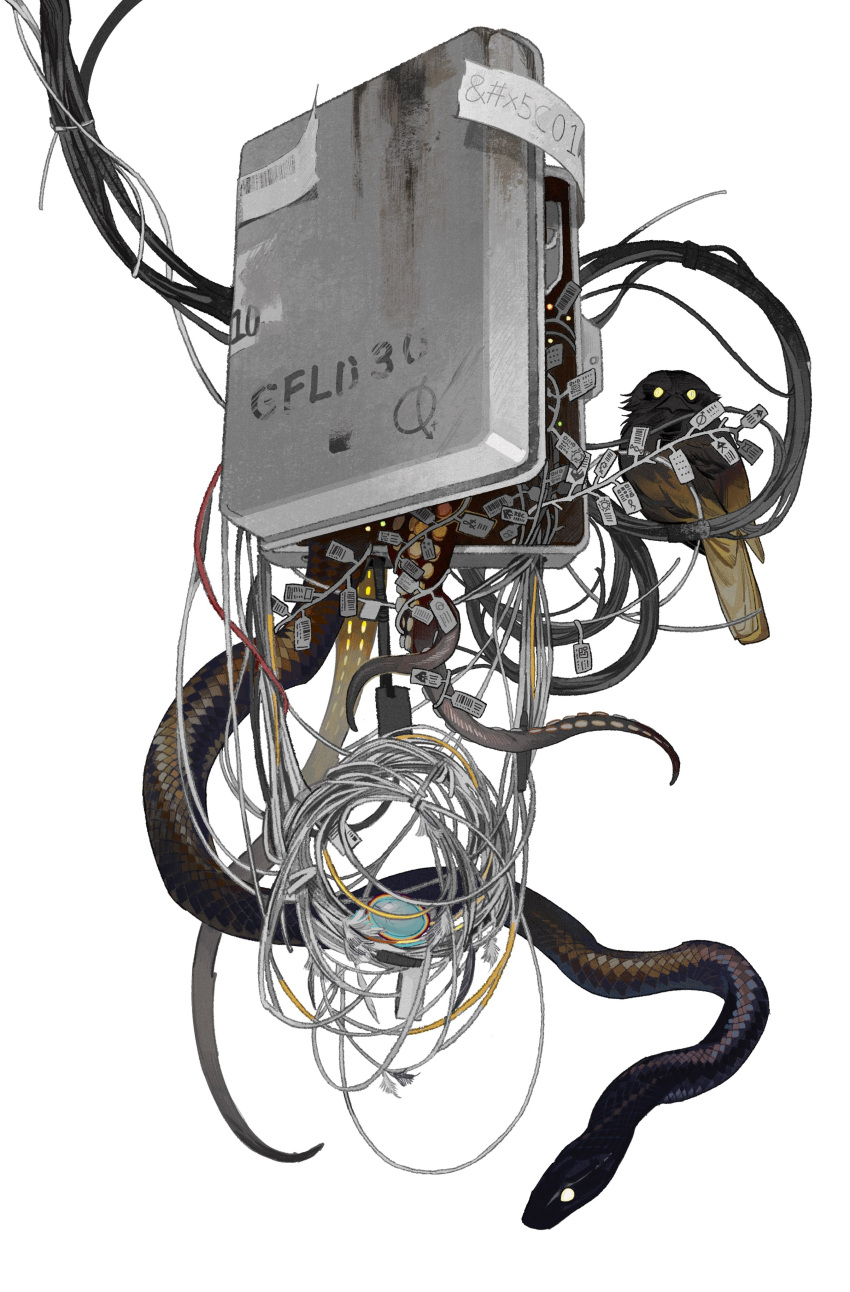 absurdres, animal, bird, cable, cable_tie, commentary, electric_panel, entangled
