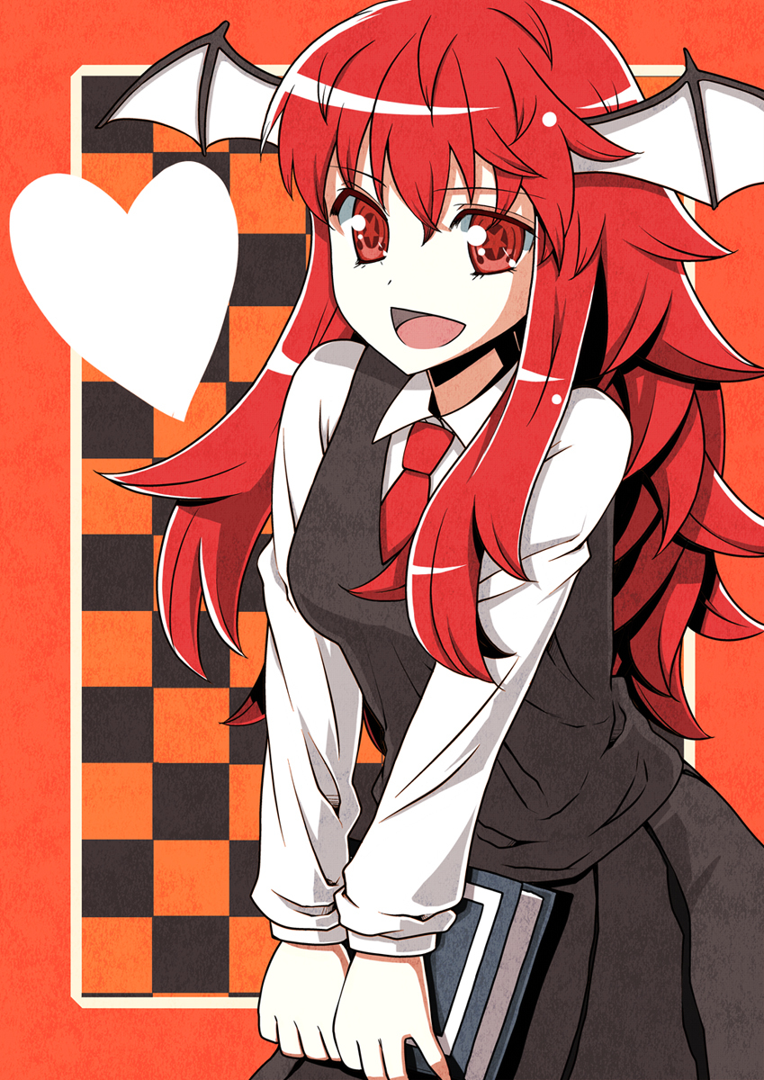 :d, arms_in_front, bat_wings, bodimahattayaougaki, body_mahattaya_ginga, book, breast_press, breasts, checkered, head_wings, heart, highres, koakuma, long_hair, necktie, open_mouth, red_eyes, red_hair, redhead, smile, solo, star, symbol-shaped_pupils, symmetrical_docking, touhou, v_arms, wings