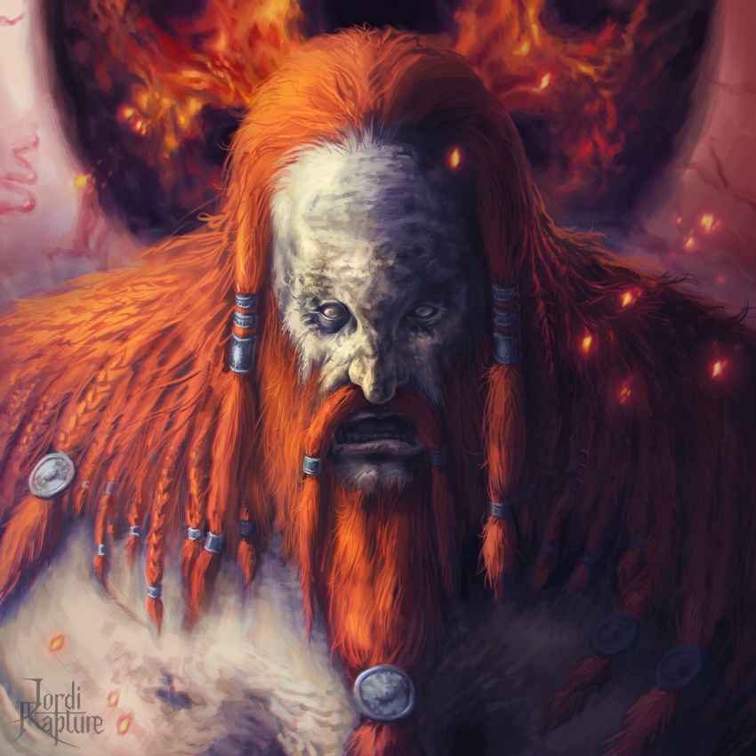 1boy, artist_name, beard, braid, braided_beard, commentary, elden_ring, embers, english_commentary, extra_pupils, eyeball, facial_hair, fire_giant_(elden_ring), giant, gingerbread, highres, jordirapture, long_beard, long_hair, no_pupils, redhead, solo, topless, topless_male