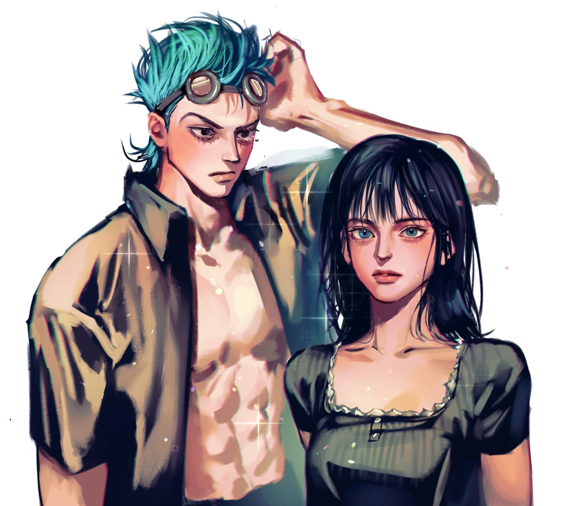 1boy, 1girl, abs, absurdres, aged_down, black_eyes, black_hair, blue_eyes
