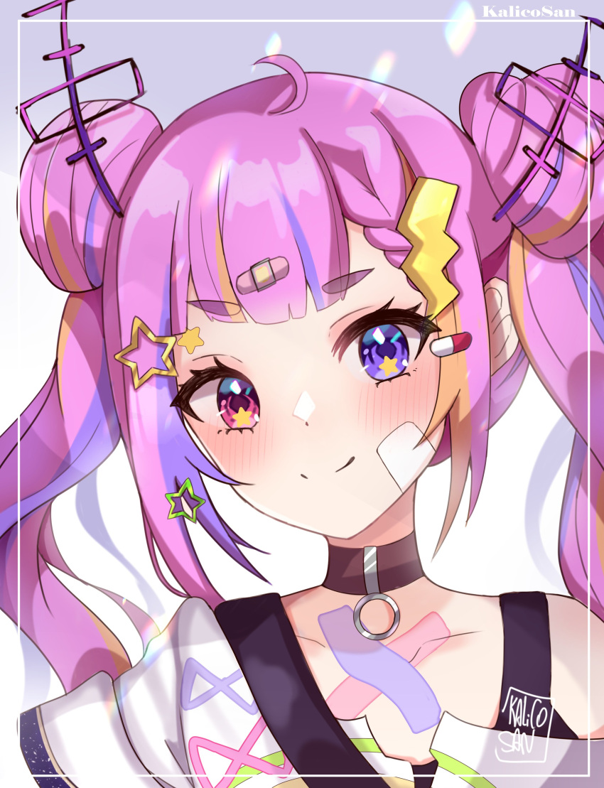 1girl, absurdres, ahoge, artist_name, bandaid, bandaid_hair_ornament, bandaid_on_chest, bandaid_on_face
