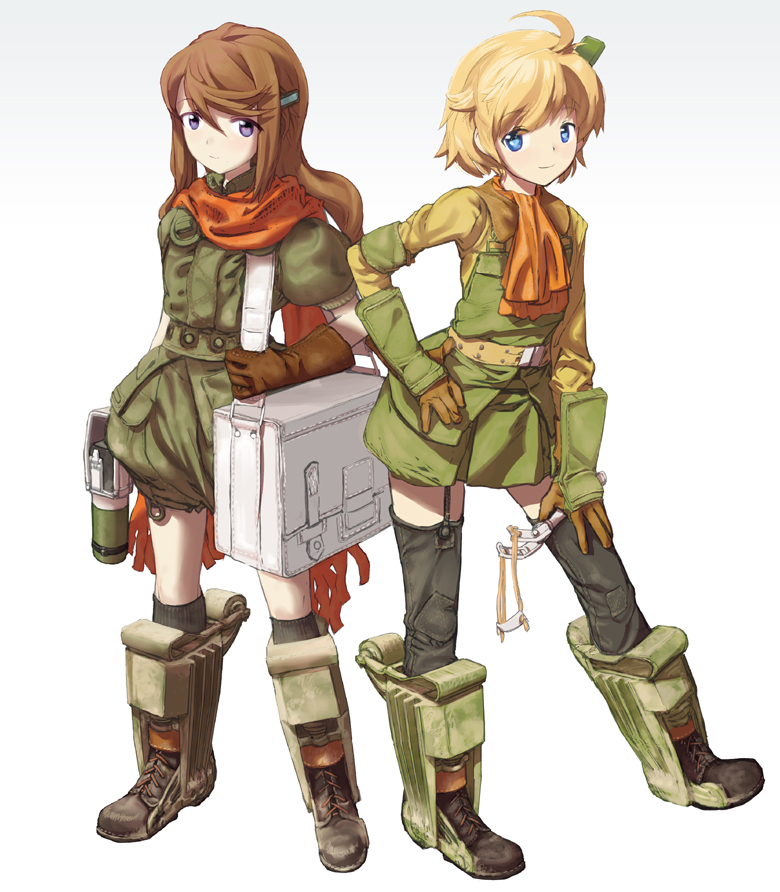 ahoge, ascot, boots, brown_hair, gloves, gun, hand_on_hip, long_hair, m4_sherman, mecha_musume, military, military_vehicle, multiple_girls, nijiiro_ink, orange_hair, original, personification, scarf, sherman, sherman_(tank), short_hair, skirt, tank, thigh-highs, thighhighs, vehicle, weapon, world_war_ii, wwii, zettai_ryouiki