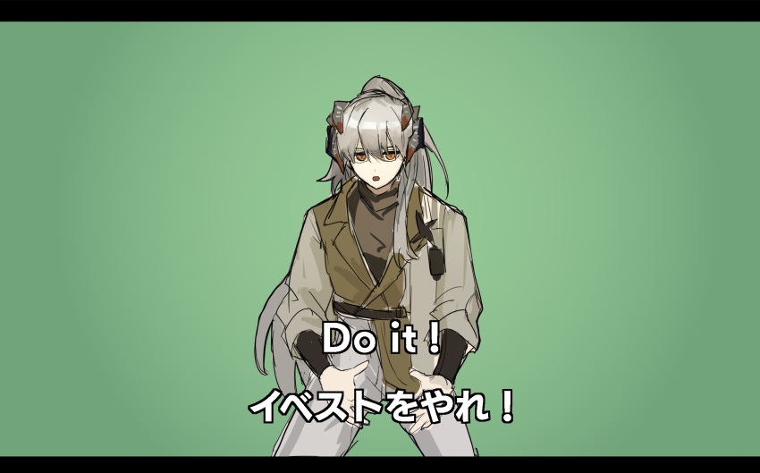 1girl, arknights, brown_eyes, brown_jacket, brown_shirt, english_text, green_background, grey_hair