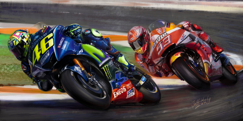 2boys, absurdres, artist_name, blue_footwear, blue_jumpsuit, boots, dated, english_commentary, grass, highres, honda, jeffholy, jumpsuit, leaning_to_the_side, male_focus, marc_marquez, michelin, michelin_man, monster_energy, moto_gp, motor_vehicle, motorcycle, multiple_boys, race_vehicle, racetrack, racing, racing_suit, real_life, red_bull, red_footwear, red_jumpsuit, valentino_rossi, vehicle_focus