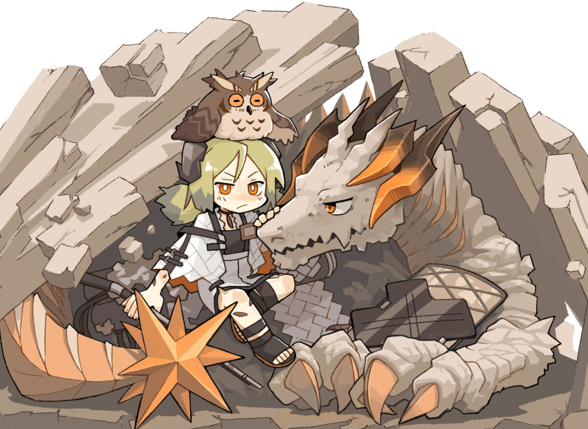 1girl, animalization, arknights, bird, black_footwear, black_shirt, blonde_hair, closed_eyes