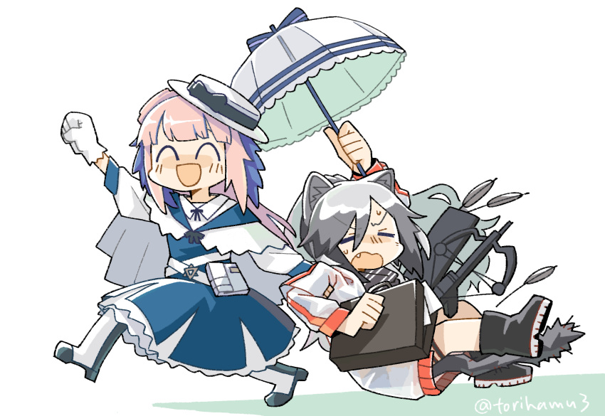 2girls, animal_ears, annoyed, arknights, arrow_(projectile), belt, black_footwear, black_shirt