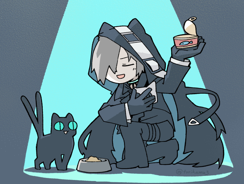 1boy, 1girl, arknights, black_background, black_cat, black_cloak, black_gloves, black_jacket