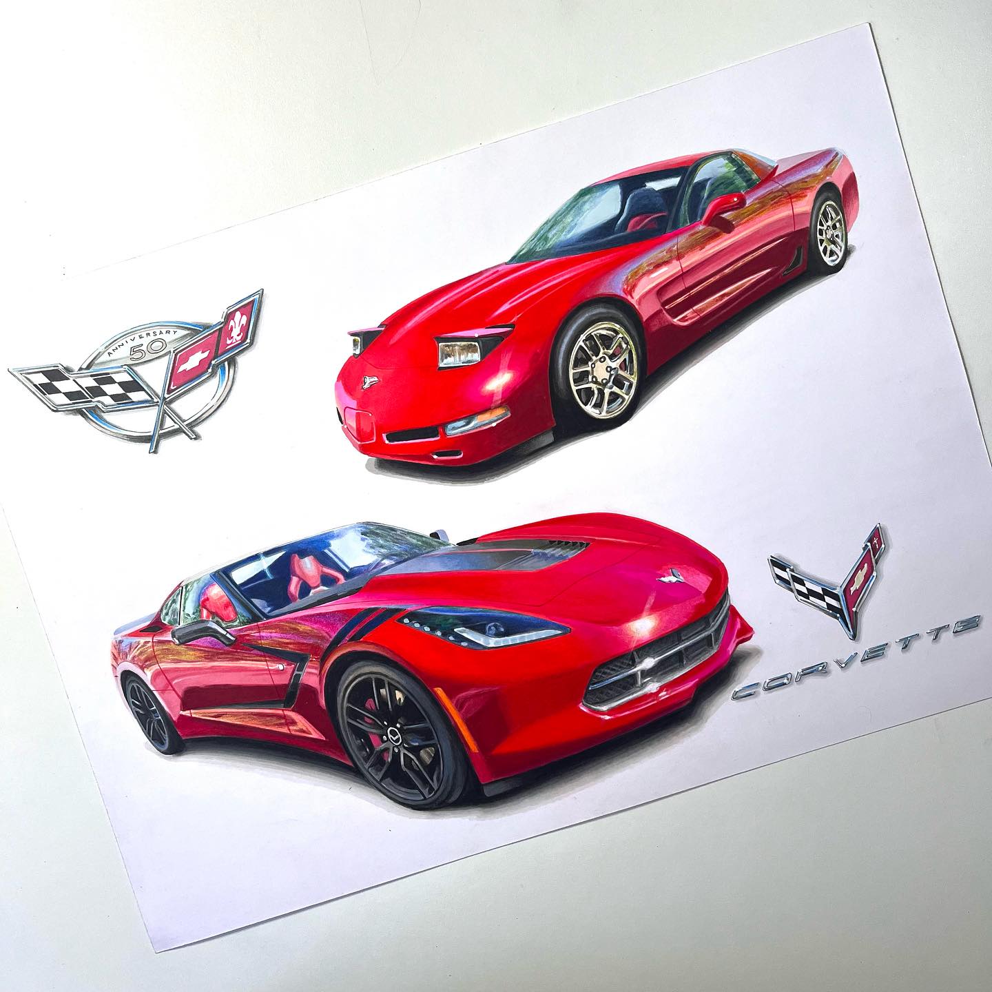 car, chevrolet, chevrolet_corvette, chevrolet_corvette_c5, chevrolet_corvette_c7, convertible, english_commentary, glint, highres, logo, marker_(medium), modifiedartworks, motor_vehicle, no_humans, original, simple_background, sports_car, traditional_media, vehicle_focus, white_background