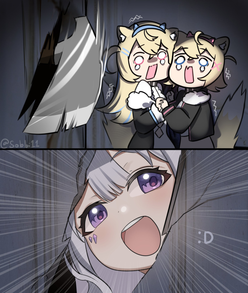 3girls, :d, absurdres, animal_ear_fluff, animal_ears, artist_name, axe, blonde_hair