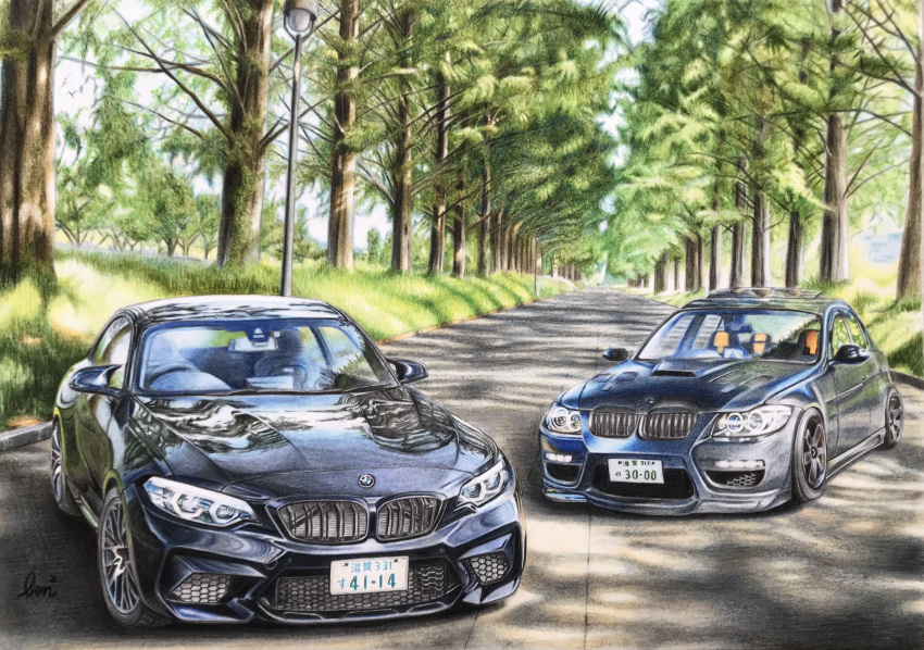 absurdres, bmw, bmw_m2, bmw_m3, bonbon20170916, car, colored_pencil_(medium), highres, license_plate, motor_vehicle, no_humans, original, outdoors, scenery, shadow, sky, sports_car, traditional_media, tree, vehicle_focus