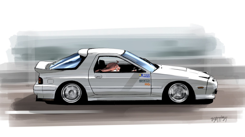 1girl, artist_name, black_eyes, car, cowlick, driving, highres, hikageno