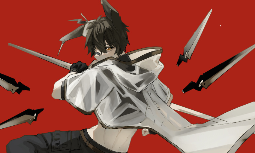 1boy, animal_ears, arknights, ayerscarpe_(arknights), black_gloves, black_pants, black_shirt, brown_eyes