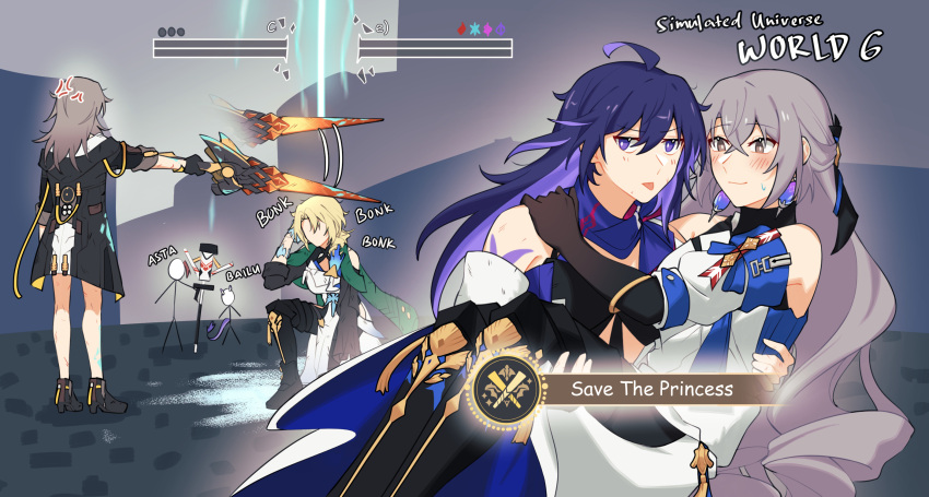 6+girls, :p, achievement_unlocked, ahoge, anger_vein, asta_(honkai:_star_rail), bailu_(honkai:_star_rail), bare_legs, bare_shoulders, black_footwear, black_gloves, black_jacket, blonde_hair, blue_eyes, blue_hair, blue_scarf, blush, bonk, breasts, bronya_rand, carrying, cocolia_rand, commentary, drill_hair, earrings, elbow_gloves, english_text, faceless, faceless_female, gameplay_mechanics, gloves, grey_eyes, grey_hair, gun, hand_on_another's_shoulder, hand_on_own_head, handgun, health_bar, highres, holding, holding_sword, holding_weapon, honkai:_star_rail, honkai_(series), jacket, jewelry, kneeling, large_breasts, looking_at_another, looking_at_viewer, medium_hair, multiple_girls, natsuki_(2917), on_floor, outdoors, polearm, princess_carry, scarf, seele_(honkai:_star_rail), smile, standing, stelle_(honkai:_star_rail), stick_figure, sweatdrop, sword, tail, tongue, tongue_out, trailblazer_(honkai:_star_rail), upper_body, v-shaped_eyebrows, weapon, yuri