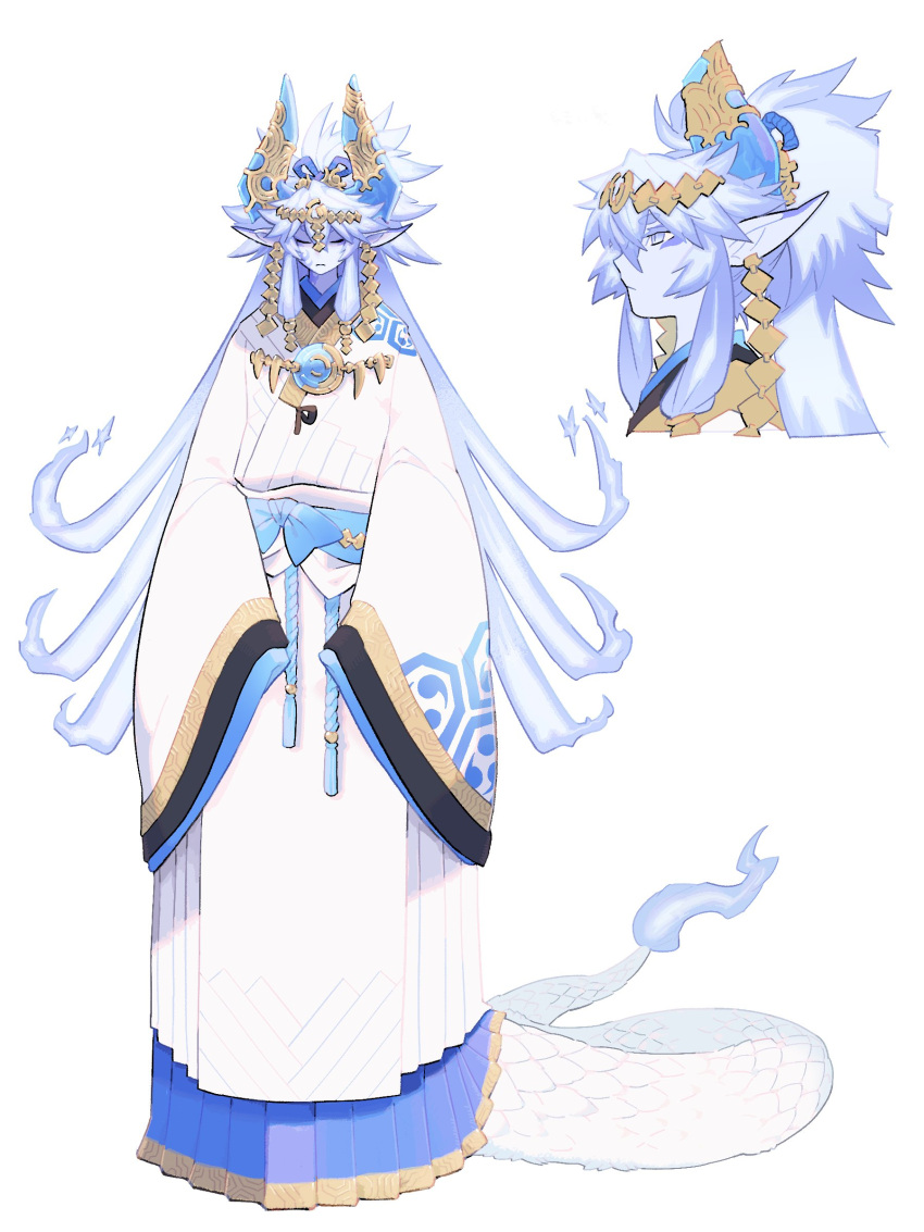 1boy, absurdres, blue_eyes, blue_hair, blue_horns, blue_skin, closed_eyes, closed_mouth, colored_eyelashes, colored_skin, dragon_boy, dragon_horns, dragon_tail, ear_piercing, facing_viewer, fiery_hair, flame-tipped_tail, full_body, high_ponytail, highres, horns, inu_fuji, japanese_clothes, kimono, long_hair, long_pointy_ears, long_sleeves, looking_to_the_side, male_focus, multiple_views, original, piercing, pleated_kimono, pointy_ears, scales, sidelocks, simple_background, sleeves_past_fingers, sleeves_past_wrists, slit_pupils, standing, tail, very_long_hair, white_background, white_kimono, white_scales, wide_sleeves