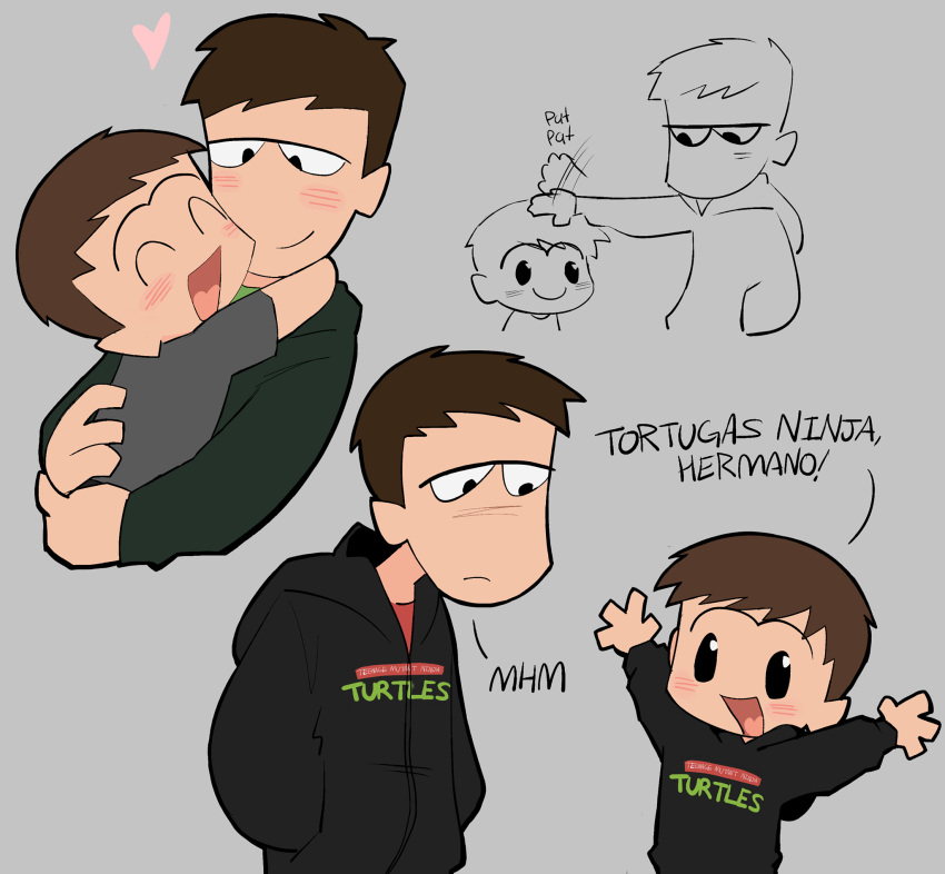 2boys, aged_down, black_eyes, black_hair, black_hoodie, blush, brothers, brown_hair