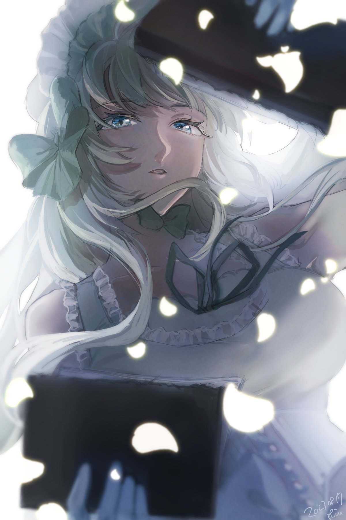 1girl, blue_eyes, blurry, bonnet, book, bow, breasts, clair_vaux_bernardus