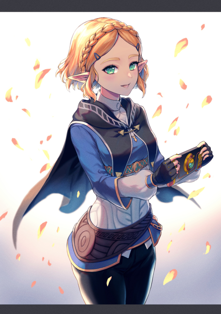 1girl, :d, black_capelet, black_gloves, black_pantyhose, blonde_hair, blue_shirt, braid