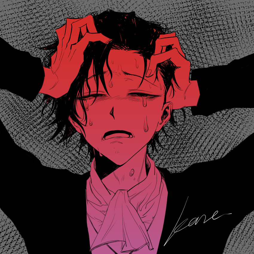 1boy, absurdres, artist_name, ascot, crying, crying_with_eyes_open, grey_background, hands_on_own_head