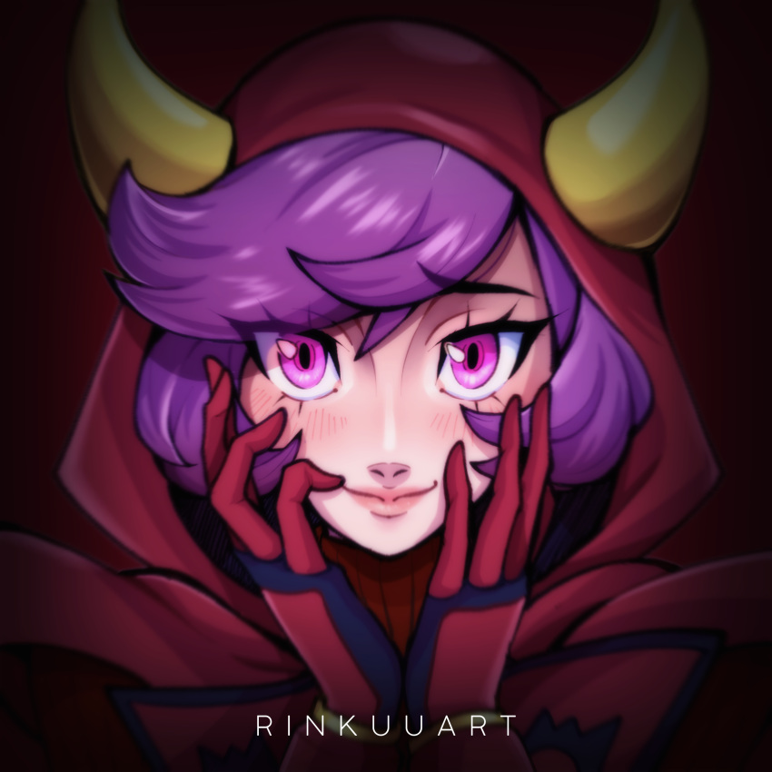 1girl, absurdres, artist_name, blush, courtney_(pokemon), fake_horns, hands_on_own_face, highres, hood, hoodie, horns, looking_at_viewer, pink_eyes, pokemon, purple_hair, rinkuu_art, smile, solo, team_magma, team_magma_uniform, upper_body