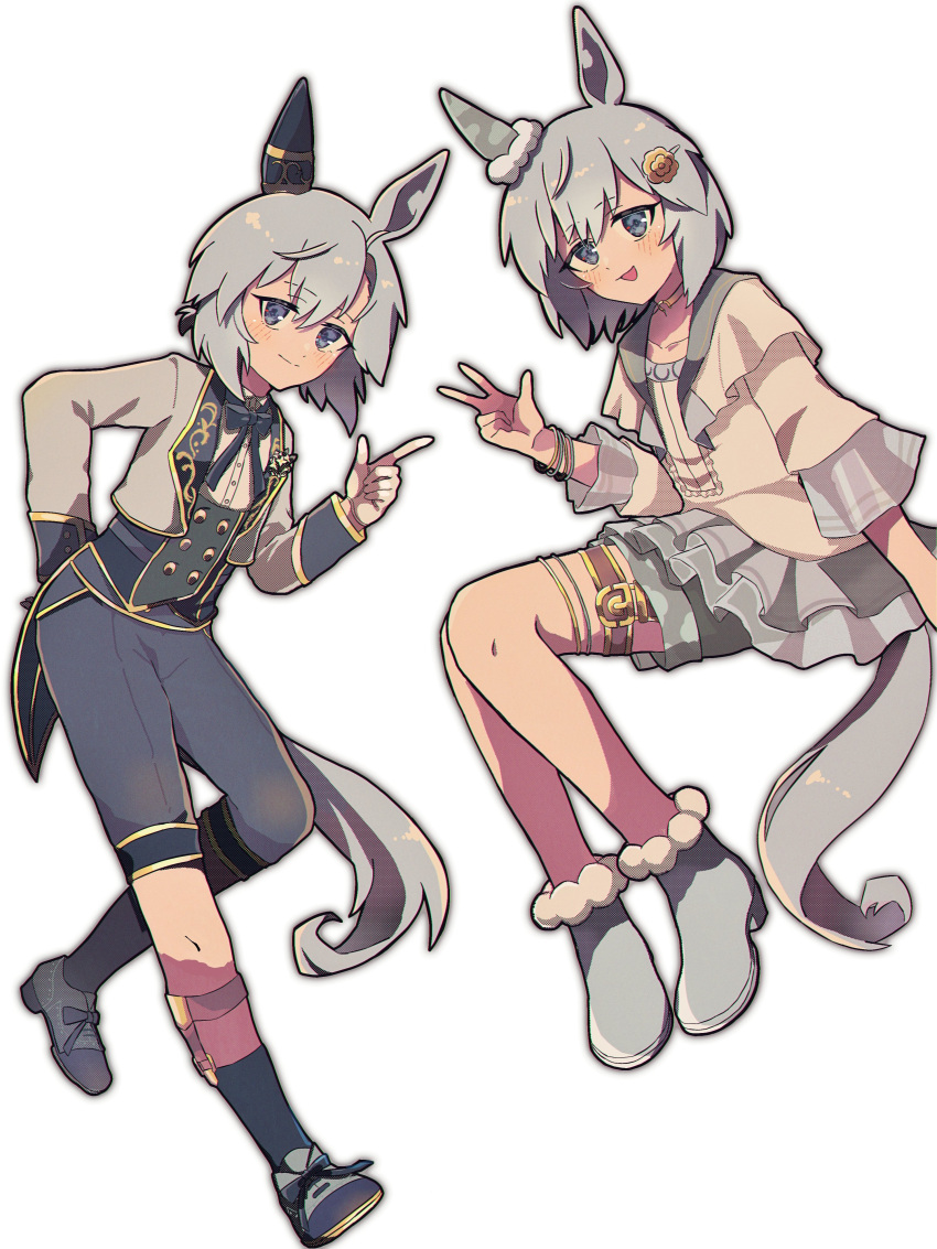 1girl, :d, absurdres, animal_ears, arrabbiata_(torutorutatoru), black_footwear, black_pants, black_socks, blue_eyes, blush, boots, choker, ear_covers, flower, frilled_shirt, frills, gloves, green_sailor_collar, green_shorts, grey_footwear, grey_hair, grey_jacket, hair_flower, hair_ornament, hairclip, highres, horse_ears, horse_girl, index_finger_raised, jacket, layered_shirt, layered_sleeves, long_sleeves, looking_at_viewer, multiple_persona, official_alternate_costume, pants, sailor_collar, see-through, see-through_sleeves, seiun_sky_(soiree_de_chaton)_(umamusume), seiun_sky_(umamusume), shirt, short_hair, shorts, simple_background, single_ear_cover, smile, socks, sunflower, sunflower_hair_ornament, thigh_strap, tonight_at_the_ligne_droite_(umamusume), umamusume, v, white_background, white_gloves, white_shirt