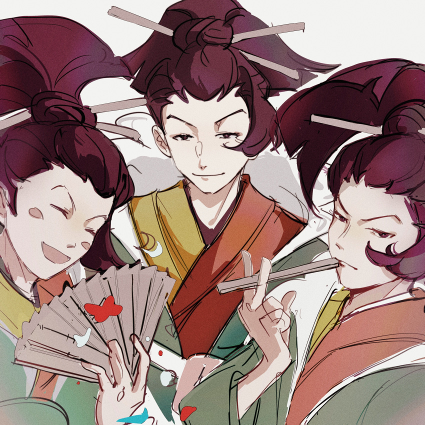3boys, :d, absurdres, ace_attorney, blunt_ends, blush_stickers, brown_eyes, brown_hair