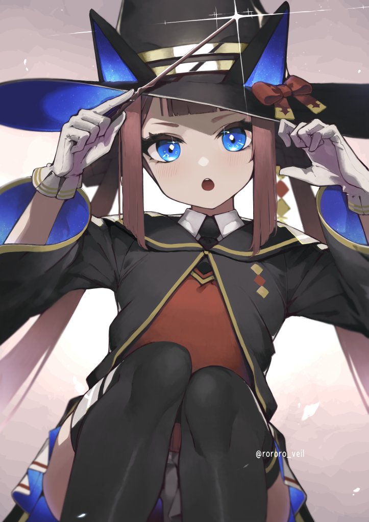 1girl, :o, alternate_eye_color, animal_ears, black_footwear, black_headwear, black_robe, blue_eyes, boots, brown_hair, gloves, hair_rings, hat, holding, holding_wand, horse_ears, horse_girl, loah_66, long_hair, long_sleeves, looking_at_viewer, pleated_skirt, robe, skirt, solo, sweep_tosho_(umamusume), thigh_boots, twintails, twitter_username, umamusume, wand, white_gloves, white_skirt, witch_hat