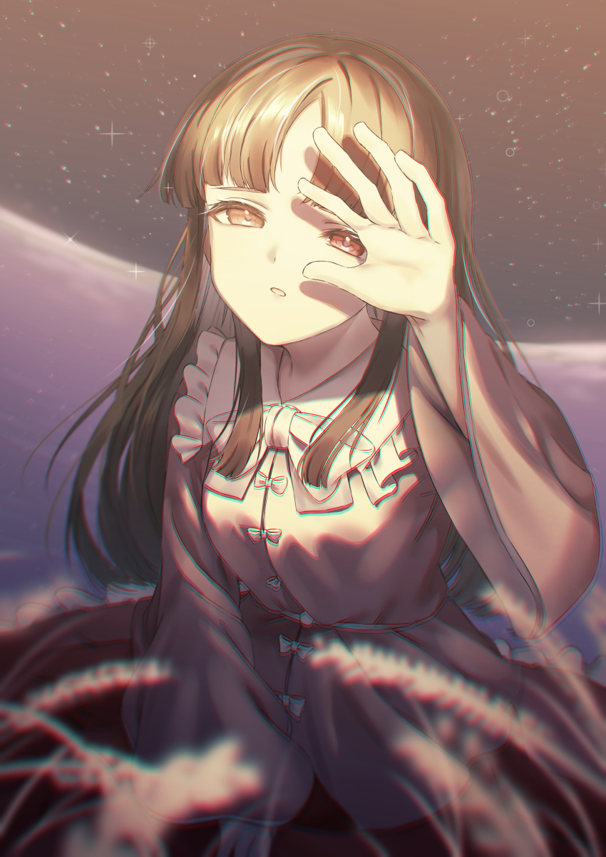 1girl, absurdres, black_hair, brown_eyes, collared_shirt, frilled_shirt_collar, frills, highres