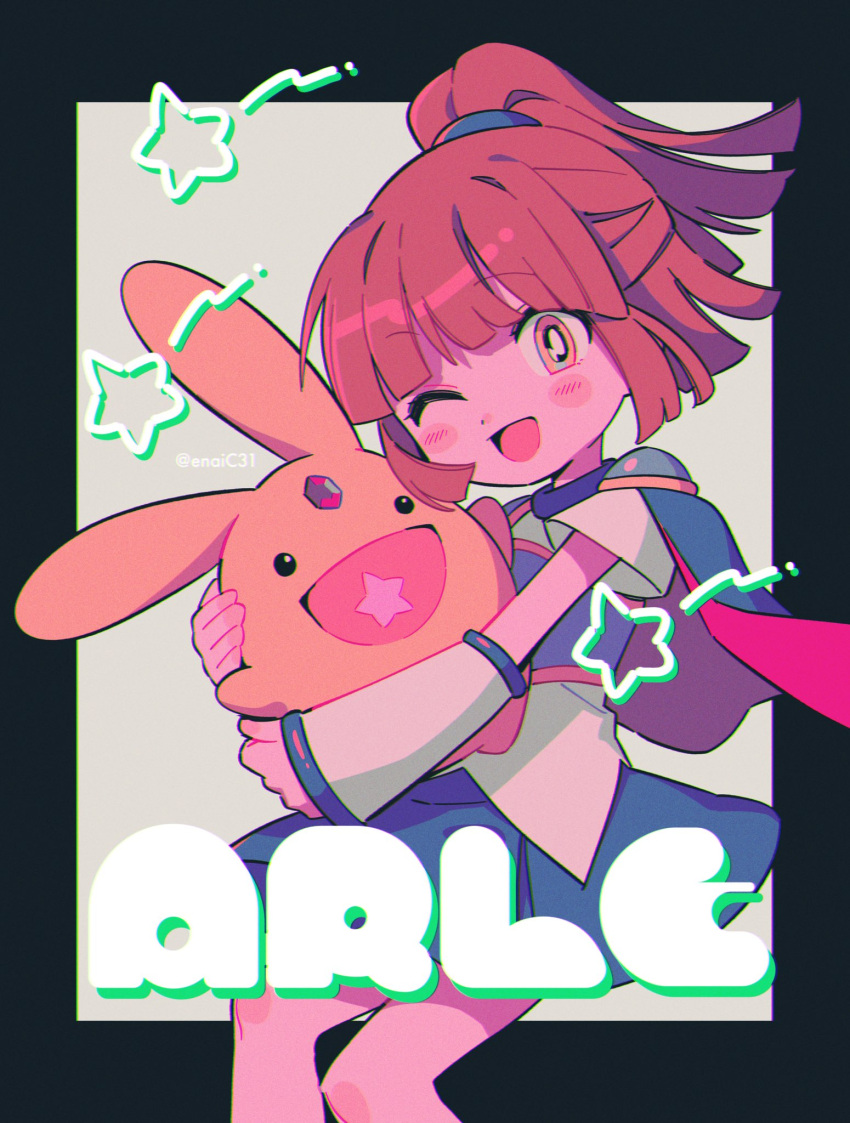 arle_nadja, armor, black_border, blue_skirt, blush_stickers, border, brown_hair, cape, carbuncle_(puyopuyo), character_name, detached_sleeves, forehead_jewel, high_ponytail, highres, holding, menma_(enaic31), ponytail, puyopuyo, shirt, shoulder_armor, skirt, star_(symbol), star_in_mouth, twitter_username, white_shirt, yellow_eyes