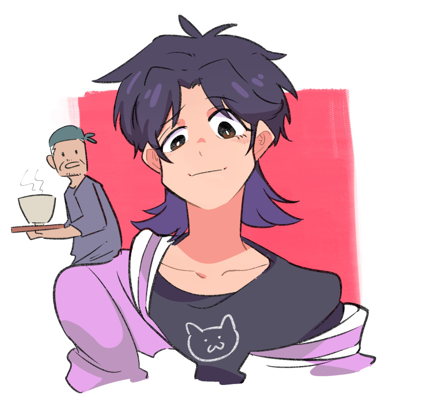 1boy, 1girl, bandana, black_hair, black_shirt, bowl, bright_pupils, brown_eyes