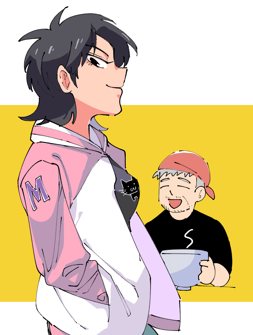 1boy, 1girl, :d, bandana, black_eyes, black_hair, black_shirt, bowl