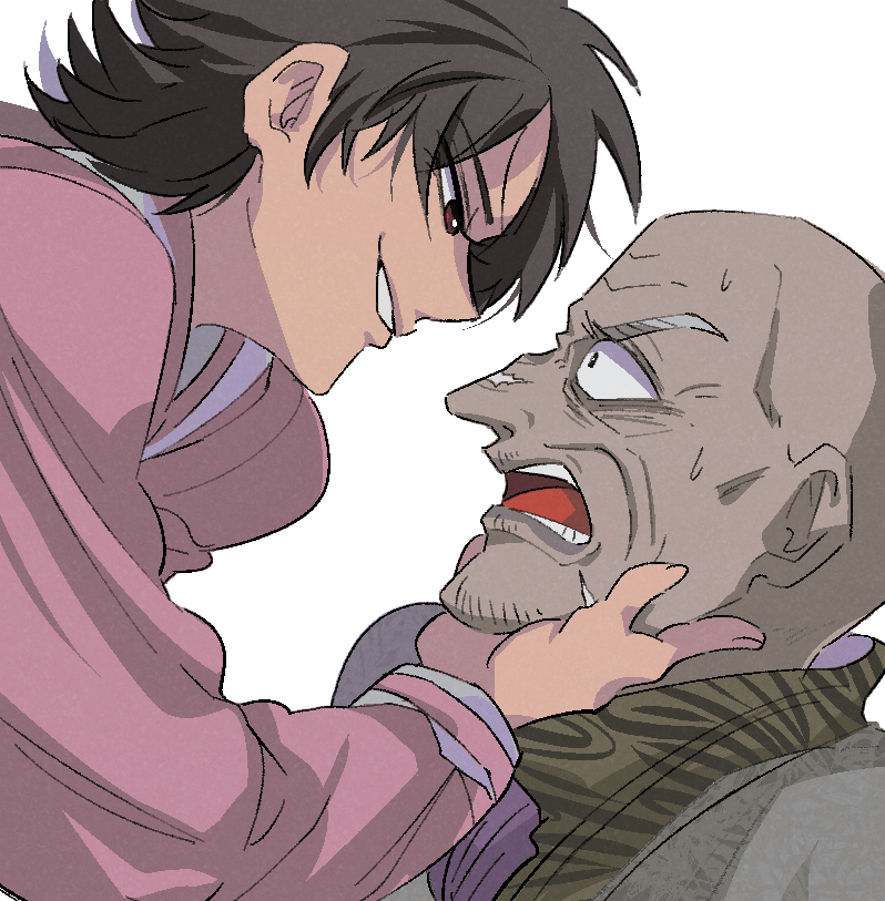 1boy, 1girl, animal_print, bald, black_hair, character_request, commentary_request, grin