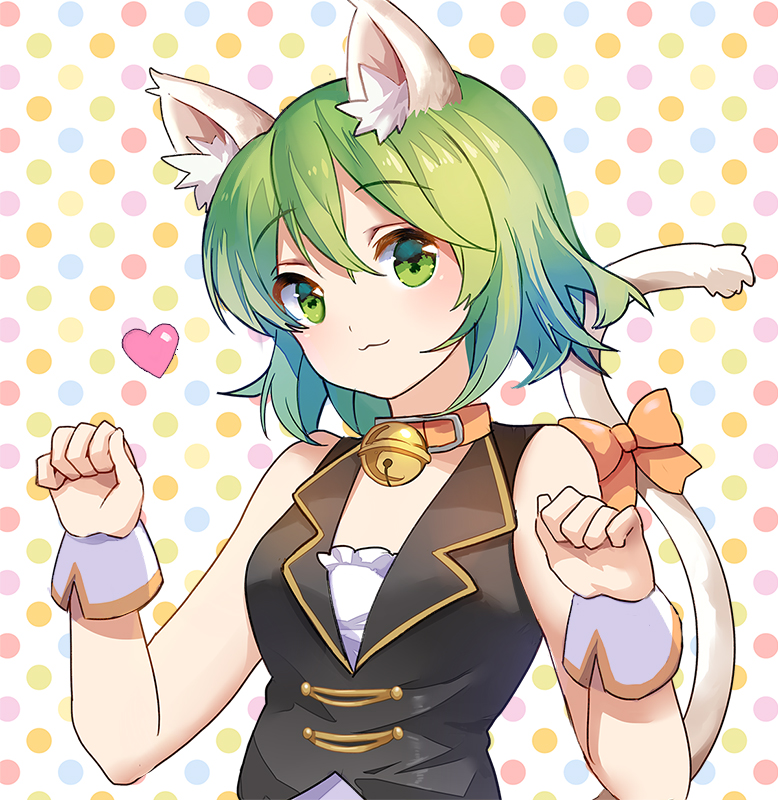 1girl, :3, aa_subarashiki_nyansei_(vocaloid), animal_ears, bare_shoulders, bell, black_vest, blush