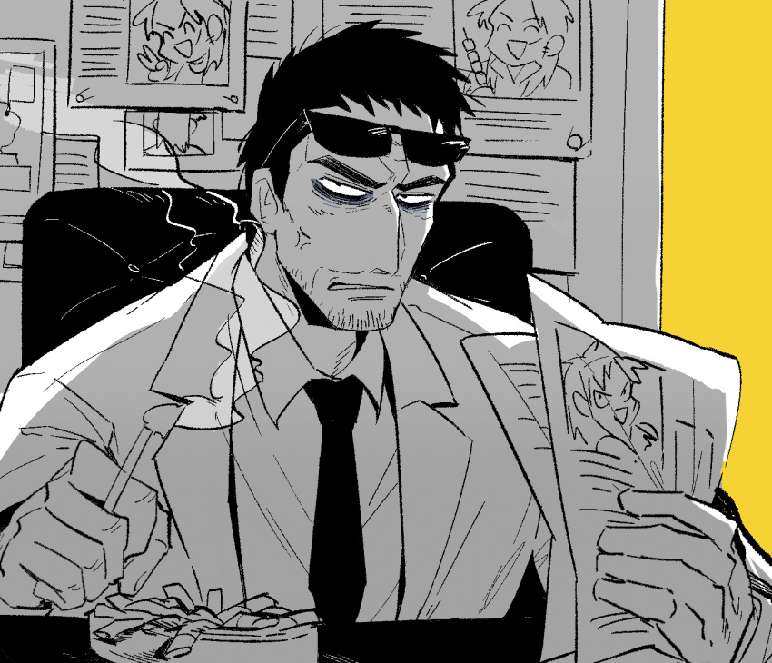 1boy, anger_vein, ashtray, bags_under_eyes, cigarette, collared_shirt, commentary_request, endou_yuuji