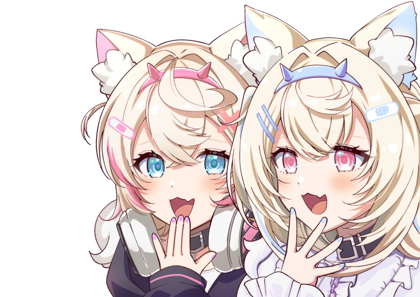 2girls, animal_collar, animal_ear_fluff, animal_ears, bandaid_hair_ornament, black_collar, blonde_hair, blue_eyes, blue_hair, blue_hairband, breasts, collar, commentary, crossed_bangs, dog_ears, dog_girl, double-parted_bangs, fake_horns, fang, fuwawa_abyssgard, hair_between_eyes, hair_intakes, hair_ornament, hairband, hairclip, hololive, hololive_english, horns, kimoi_girls_(meme), large_breasts, long_hair, meme, mococo_abyssgard, multicolored_hair, multiple_girls, open_mouth, pink_eyes, pink_hair, pink_hairband, short_hair, siblings, sisters, skin_fang, streaked_hair, textless_version, torinokawori, twins, two_side_up, virtual_youtuber, x_hair_ornament