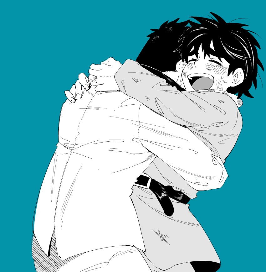 2boys, :d, atsuize_pen-chan, bandaid, bandaid_on_cheek, bandaid_on_face, belt, blue_background