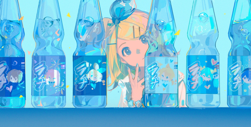 1girl, blonde_hair, blue_background, blue_nails, bottle, bow, hair_ornament, hair_ribbon