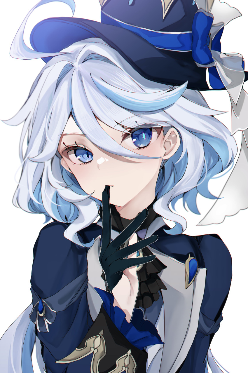 1girl, absurdres, ahoge, ascot, black_ascot, black_gloves, blue_eyes, blue_hair, blue_headwear, blue_jacket, brooch, finger_to_mouth, furina_(genshin_impact), genshin_impact, gloves, hair_between_eyes, hat, highres, jacket, jewelry, light_blue_hair, long_hair, looking_at_viewer, pof_(peuplierpof), simple_background, solo, top_hat, white_background