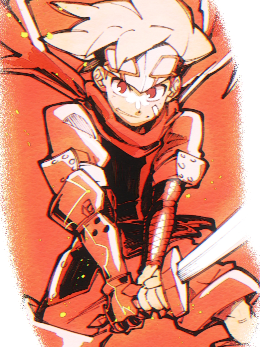 1boy, arm_guards, bandaid, bandaid_on_cheek, bandaid_on_face, bokura_no_taiyou, django_(boktai), headband