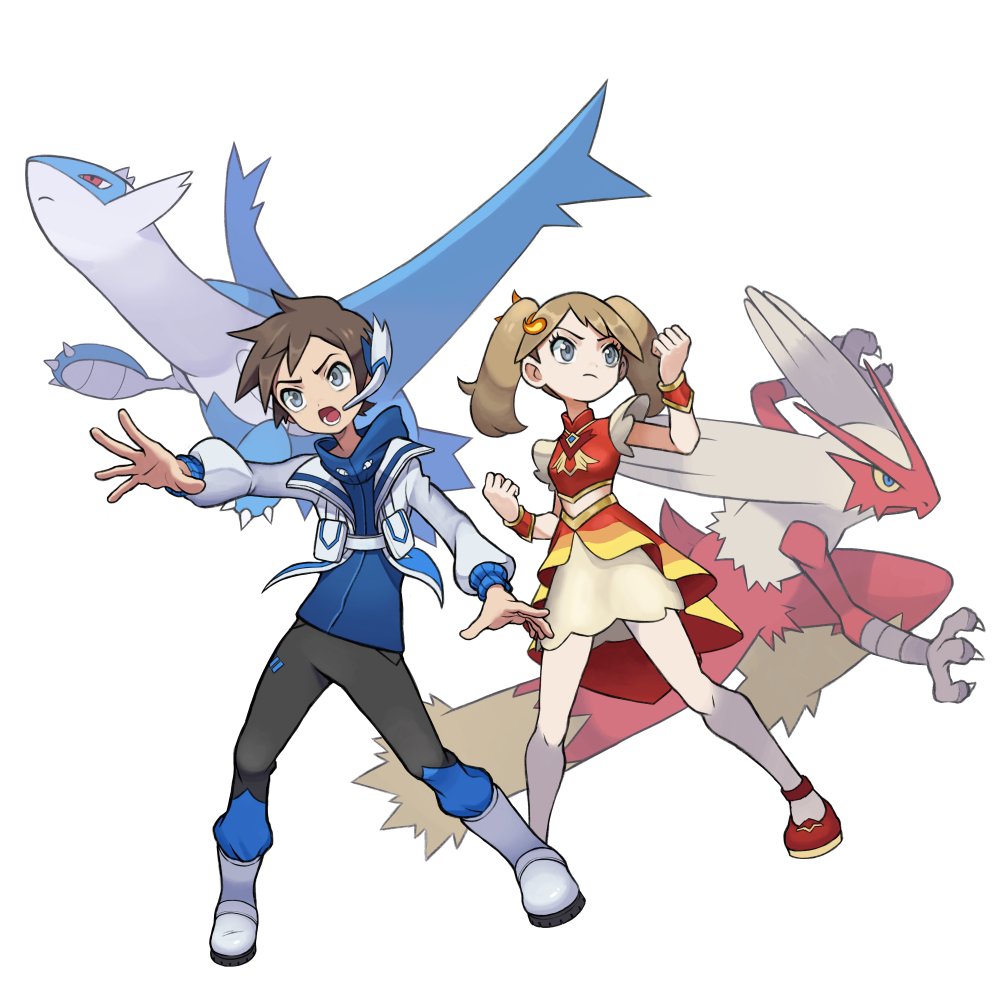 1boy, 1girl, blaziken, boots, brendan_(pokemon), brendan_(sygna_suit)_(pokemon), brown_hair, clenched_hands, closed_mouth, commentary, eyelashes, frown, grey_eyes, hyo_oppa, jacket, knees, latios, lower_teeth_only, may_(pokemon), may_(sygna_suit)_(pokemon), official_alternate_costume, open_mouth, pants, pokemon, pokemon_(creature), pokemon_(game), pokemon_masters_ex, red_footwear, shoes, short_hair, simple_background, skirt, teeth, tongue, twintails, white_background, white_jacket