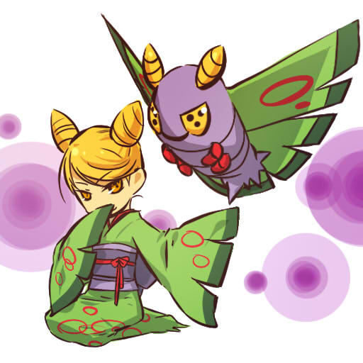 1girl, blonde_hair, dustox, hitec, japanese_clothes, kimono, moemon, personification