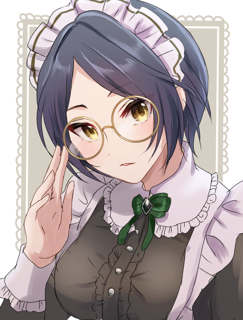 1girl, absurdres, apron, bespectacled, black_dress, black_hair, blue_hair, blush