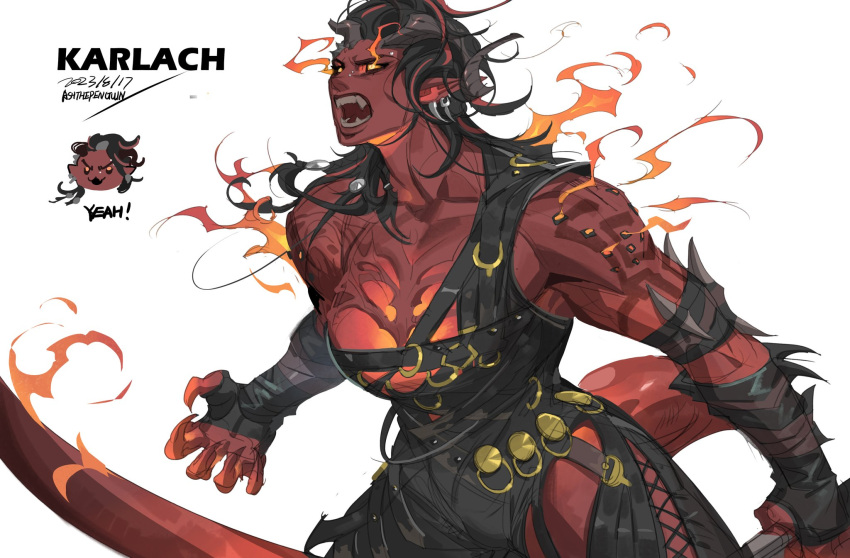 1girl, armor, ashthepenguin, axe, baldur's_gate, baldur's_gate_3, belt, black_hair, chibi, colored_skin, demon_girl, demon_horns, demon_tail, dungeons_and_dragons, earrings, english_text, fire, highres, horns, jewelry, karlach_(baldur's_gate), leather_armor, long_hair, multicolored_hair, muscular, muscular_female, red_skin, redhead, signature, solo, studs, tail, tiefling, weapon_behind_back